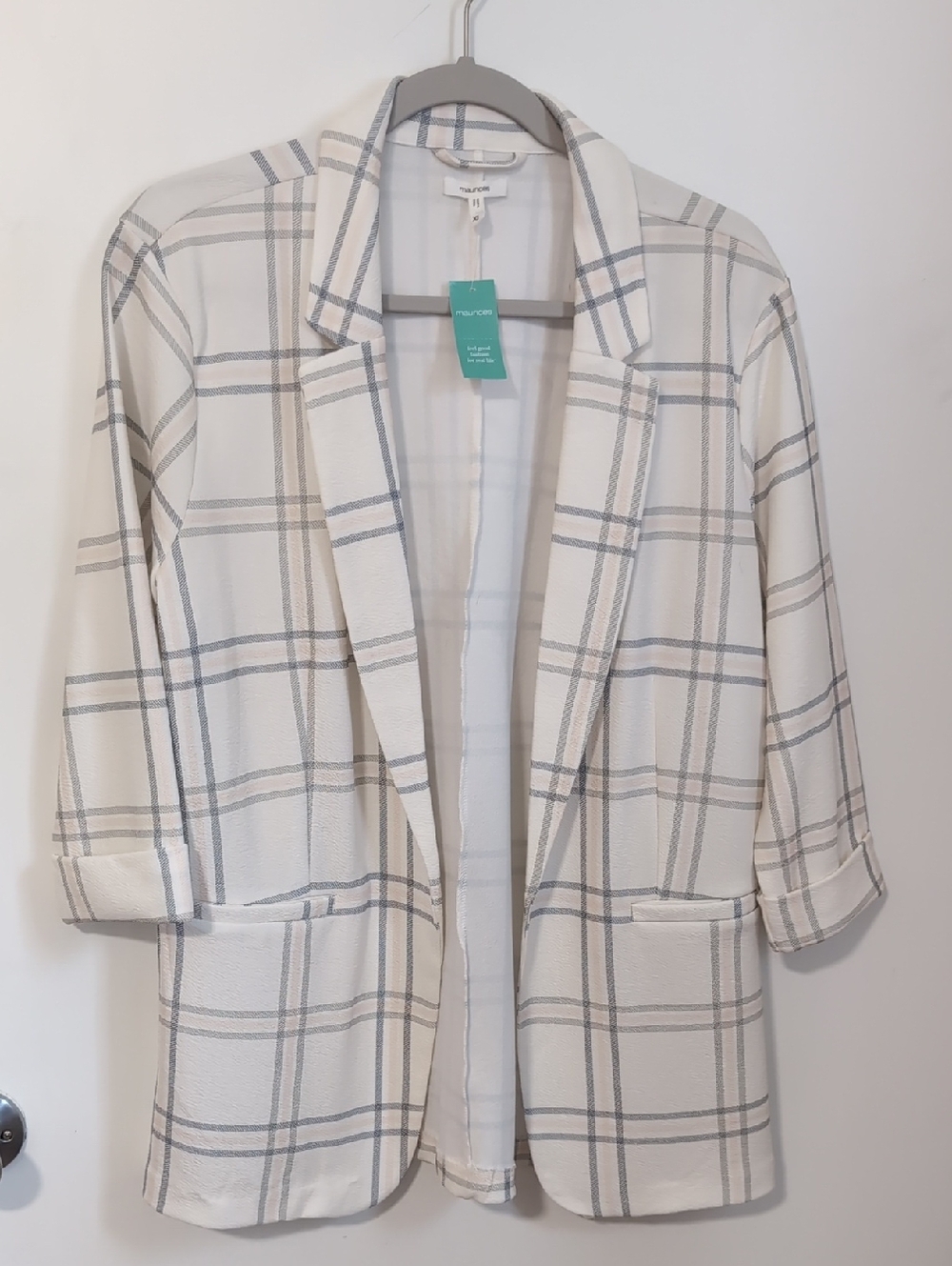 NWT Maurices White Plaid Open-Front Blazer